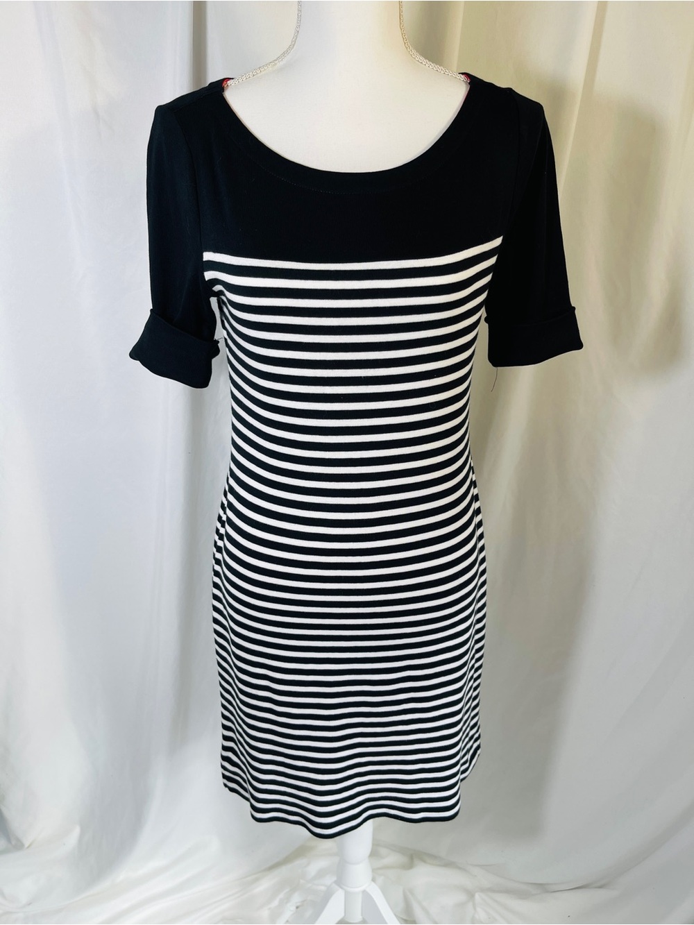 Lauren Ralph Lauren Black White Striped Knit Dress Petite Medium